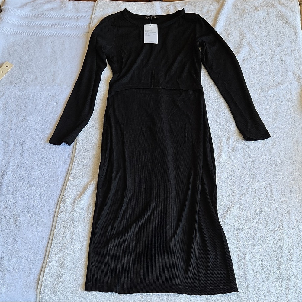 Prettygarden Black Ribbed Knit Stretch Bodycon Midi Dress Round‎ Neck Size M
